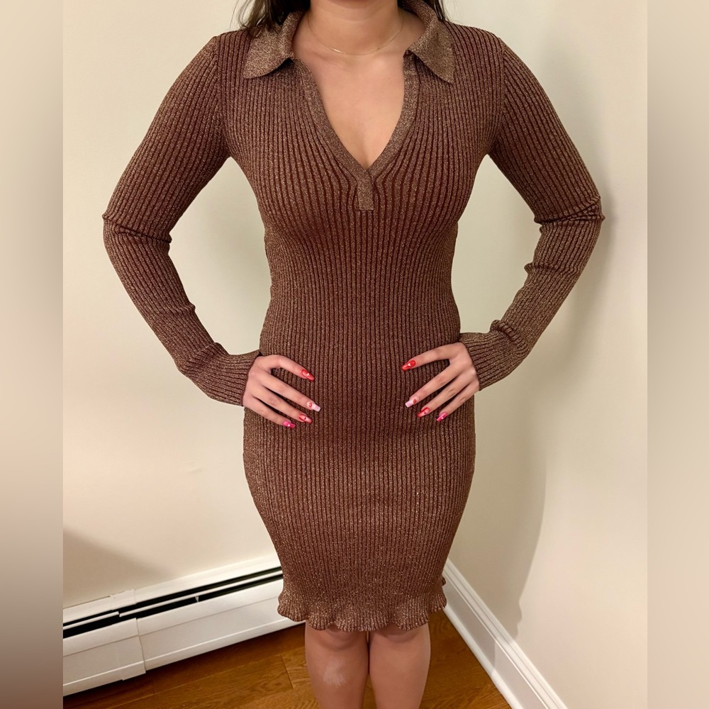 Simon Miller Chocolate Ribbed Lurex Long Sleeve Dress